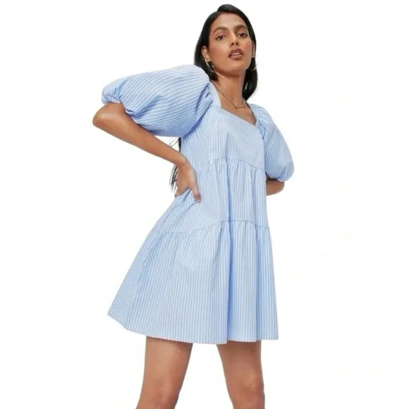 NASTY GAL | Striped Blue/White Puff Sleeve Oversized Mini Shift Dress Size 4 - Picture 2 of 9
